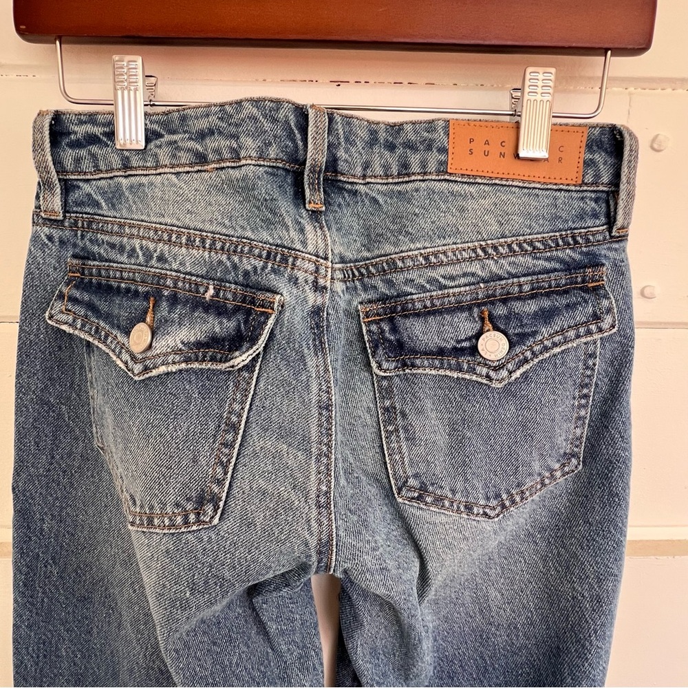 Pacsun Low Rise Girlfriend Jeans Mid Blue, frayed edge. 13.5” waist